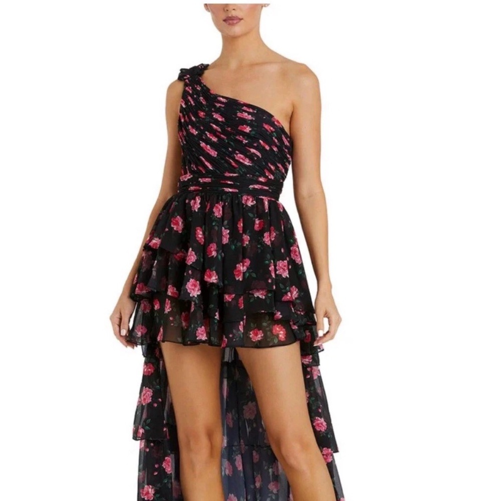 Mac Duggar Leena One Shoulder Black Ruffle Floral High Low Dress Formal Sz 6